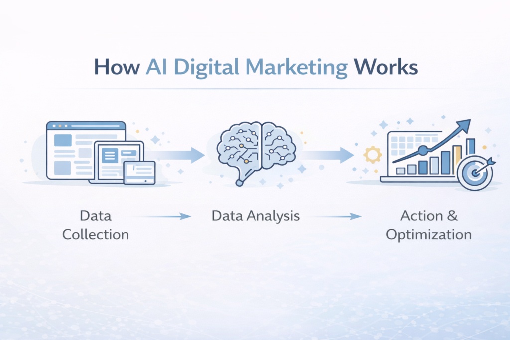 How AI digital marketing works with data collection analysis and campaign optimization process