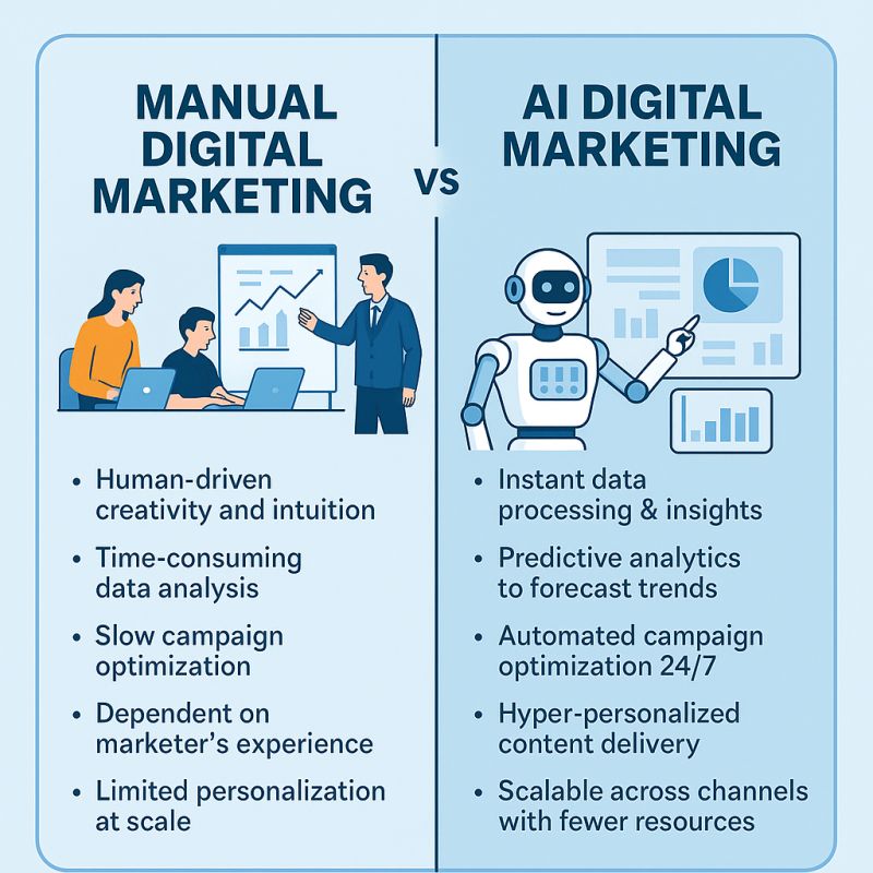 Comparison of traditional marketing vs AI digital marketing showing automation and efficiency